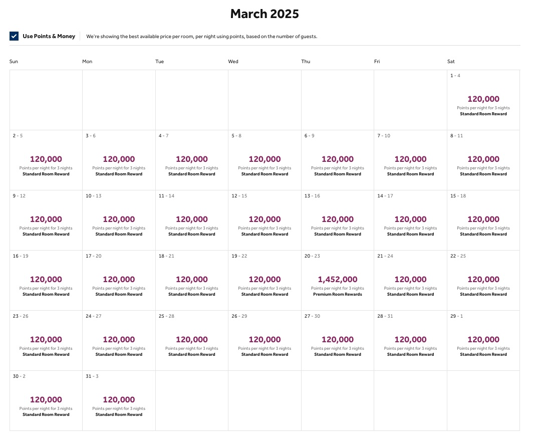 Waldorf Astoria Los Cabos Pedregal award calendar for 120k nights