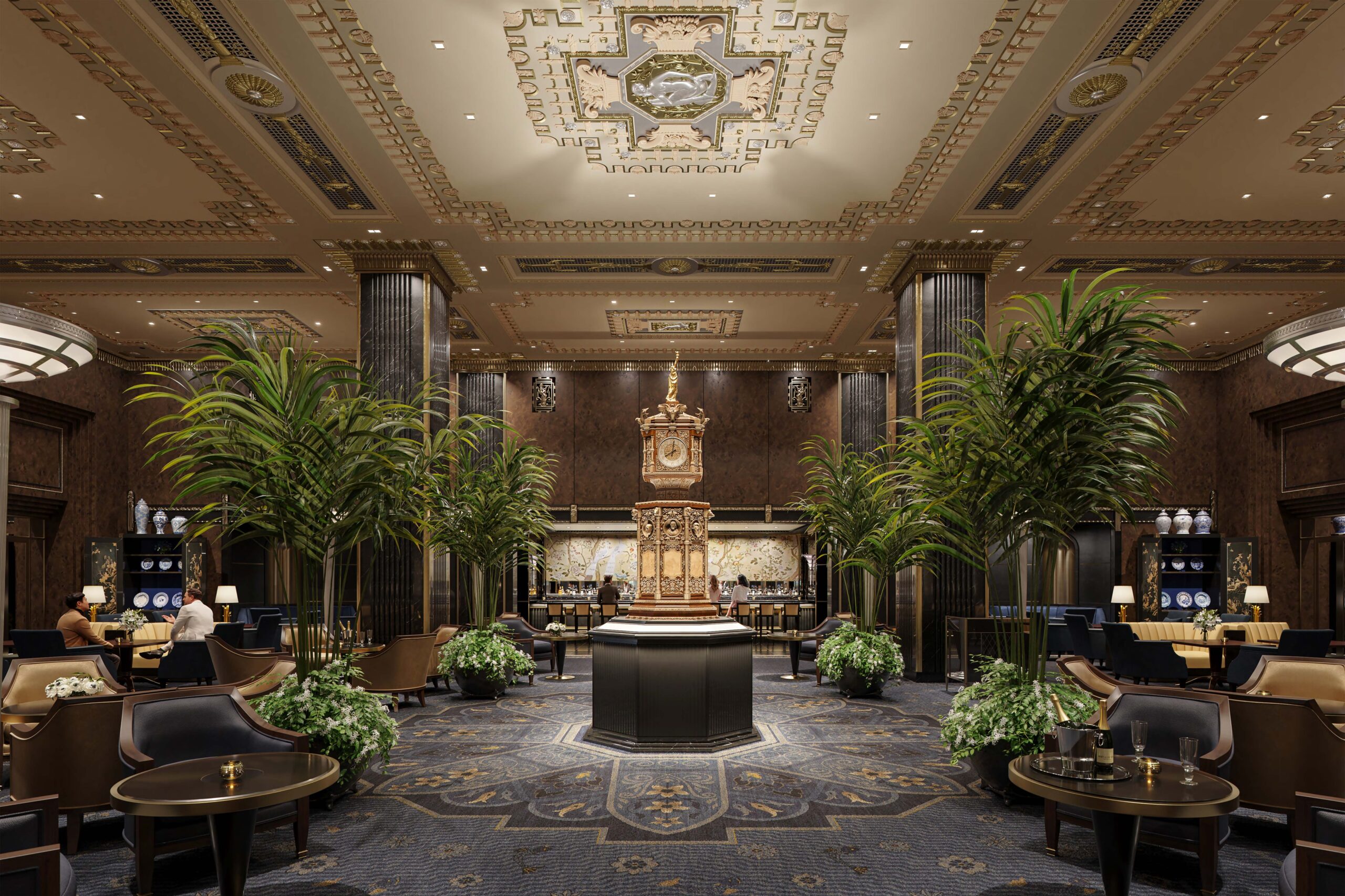 Waldorf Astoria New York lobby with chairs and tables, and tall plants. The clock tower in the center of the room beneath an ornate ceiling. 