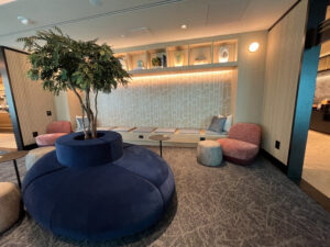 a large blue couch with a tree coming out of it in a small room