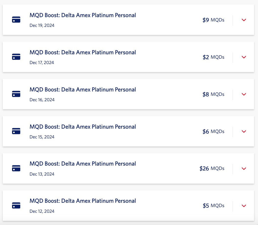 a list of earning mqds on various credit card spending