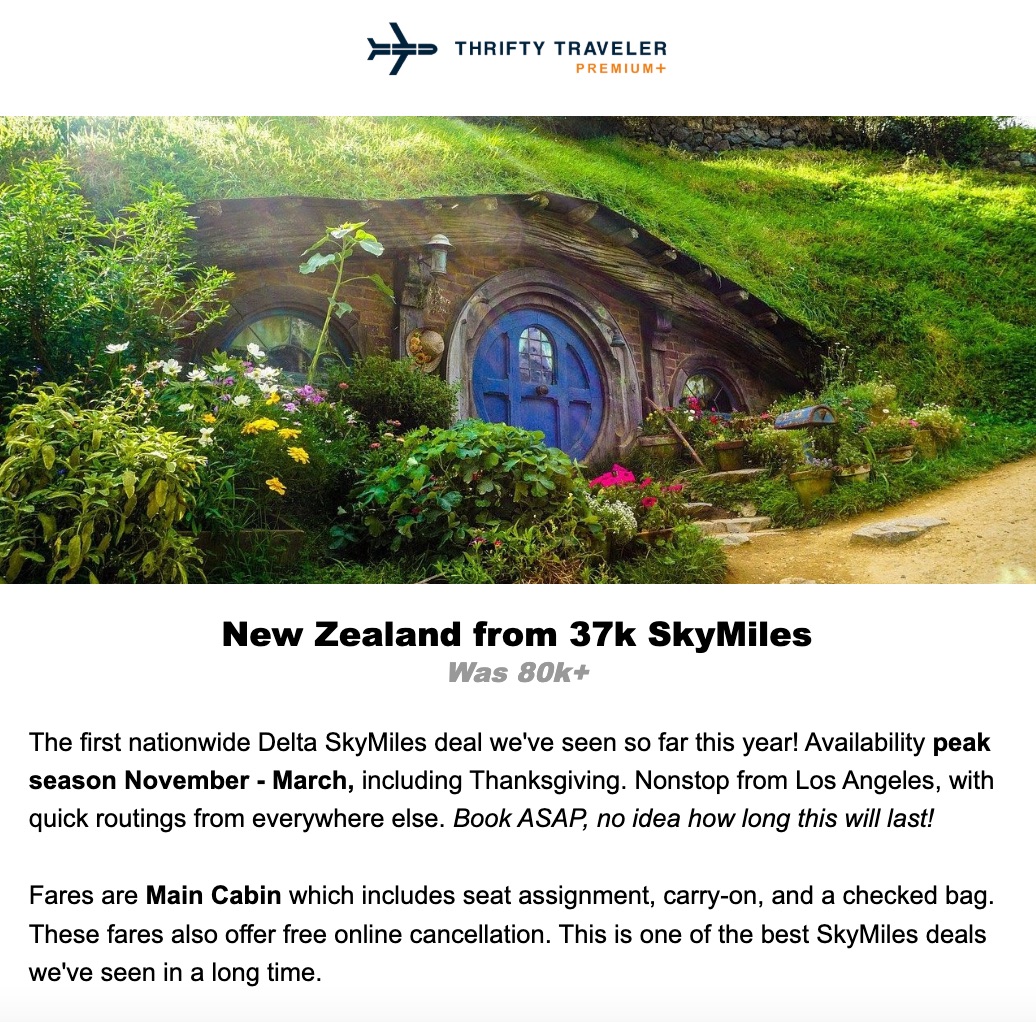 a delta skymiles deal to new zealand from thrifty traveler