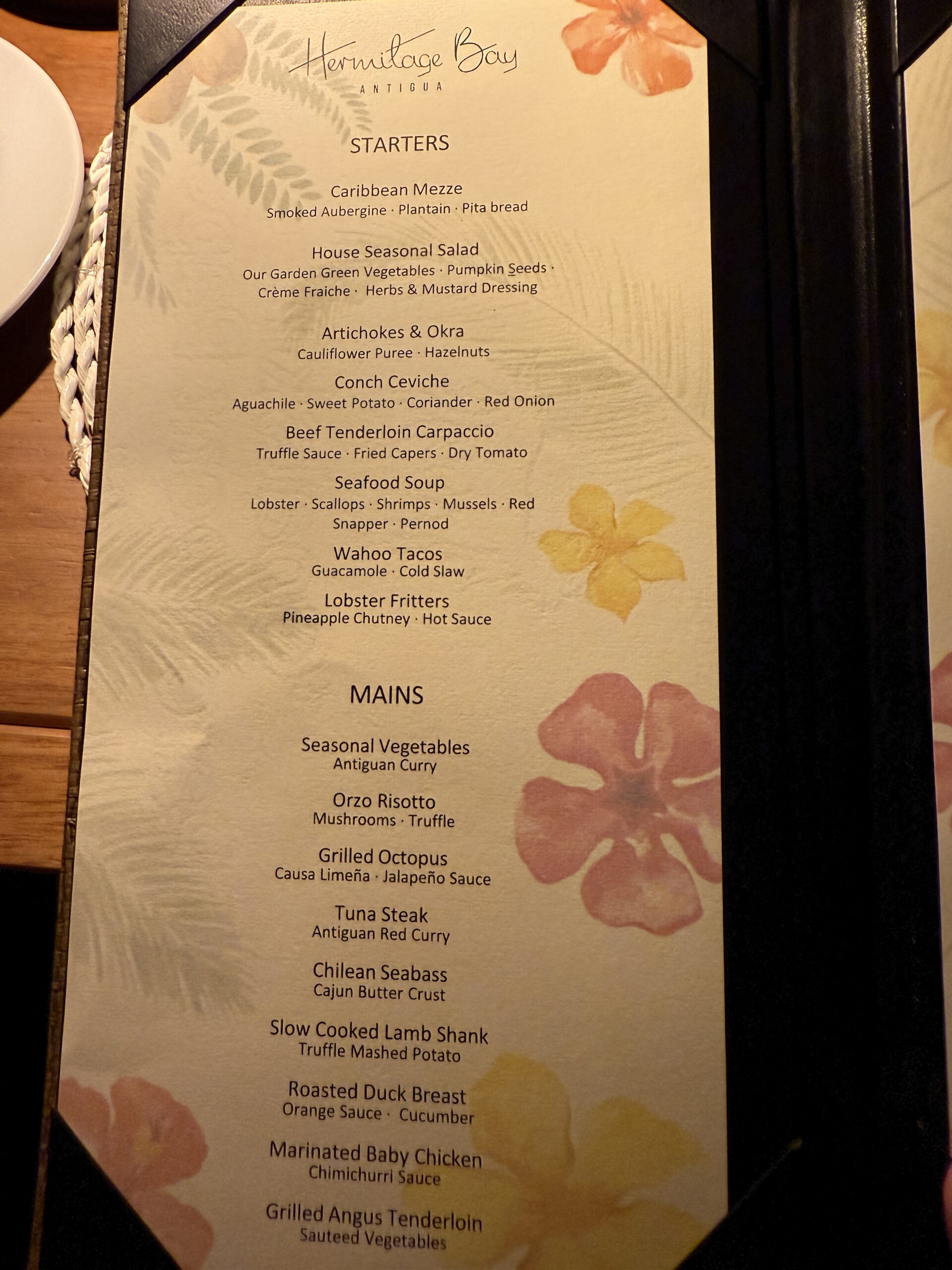 menu of dinner starters and mains