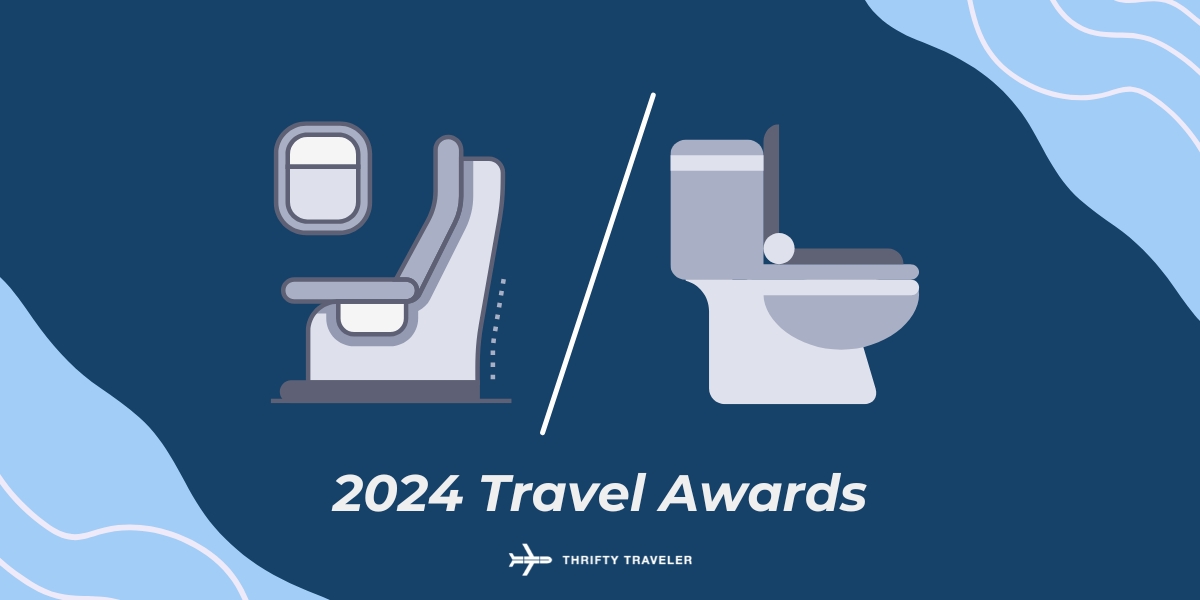 toilet and airplane seat on a blue background with text