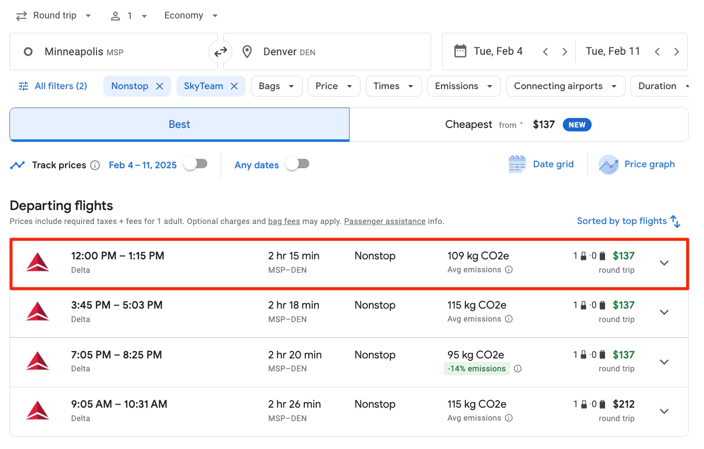 google flights search from minneapolis to denver