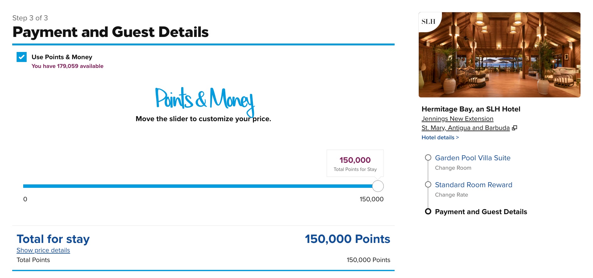 hermitage bay booking example on hilton website using points