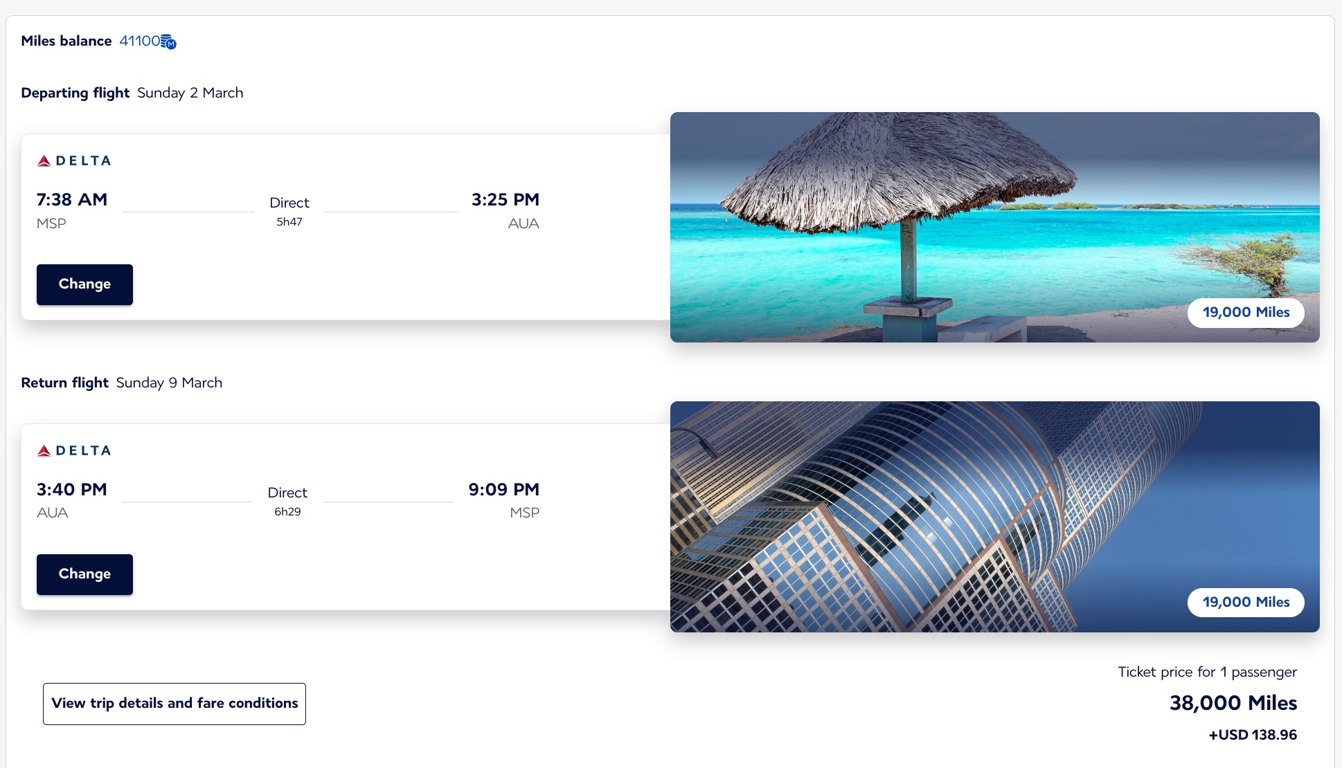 Flying Blue award from MSP-AUA for 38,000 miles roundtrip