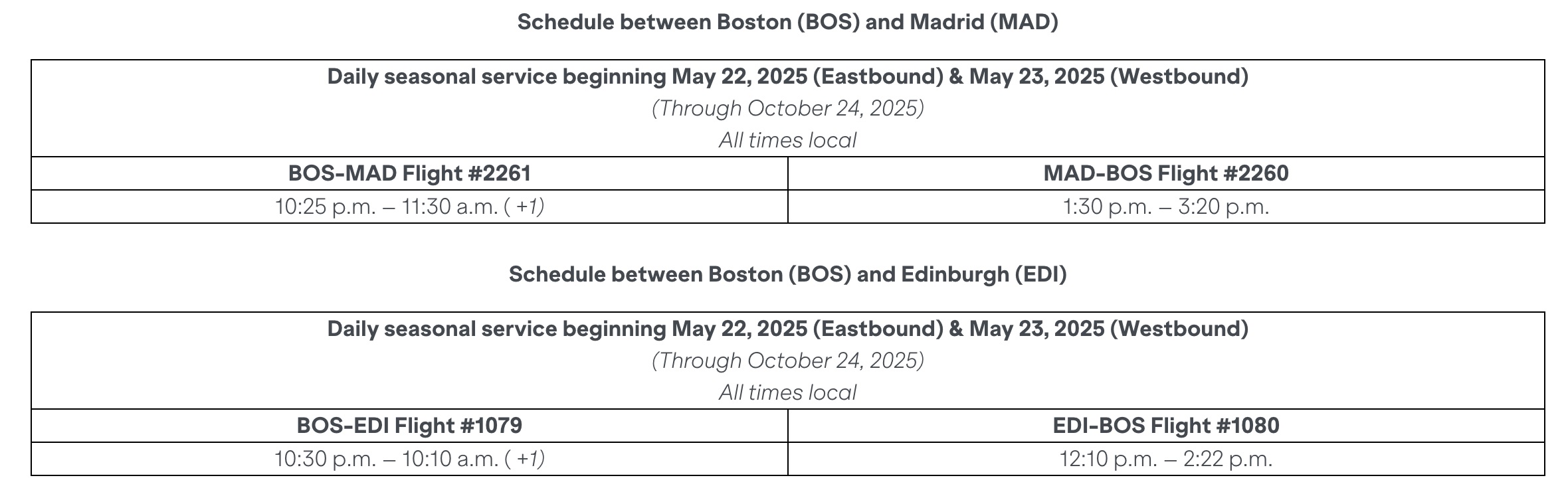 Schedule between Boston and Madrid. Schedule between Boston and Edinburgh. 