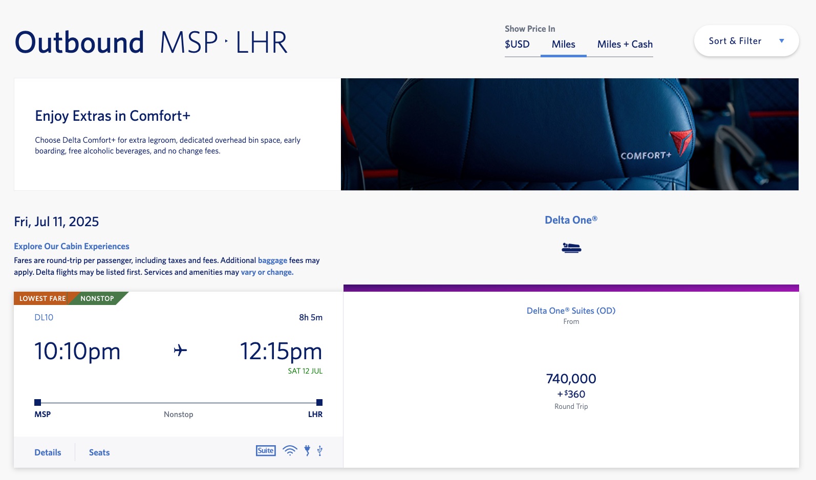 minneapolis to london flying business class for 740,000 Skymiles