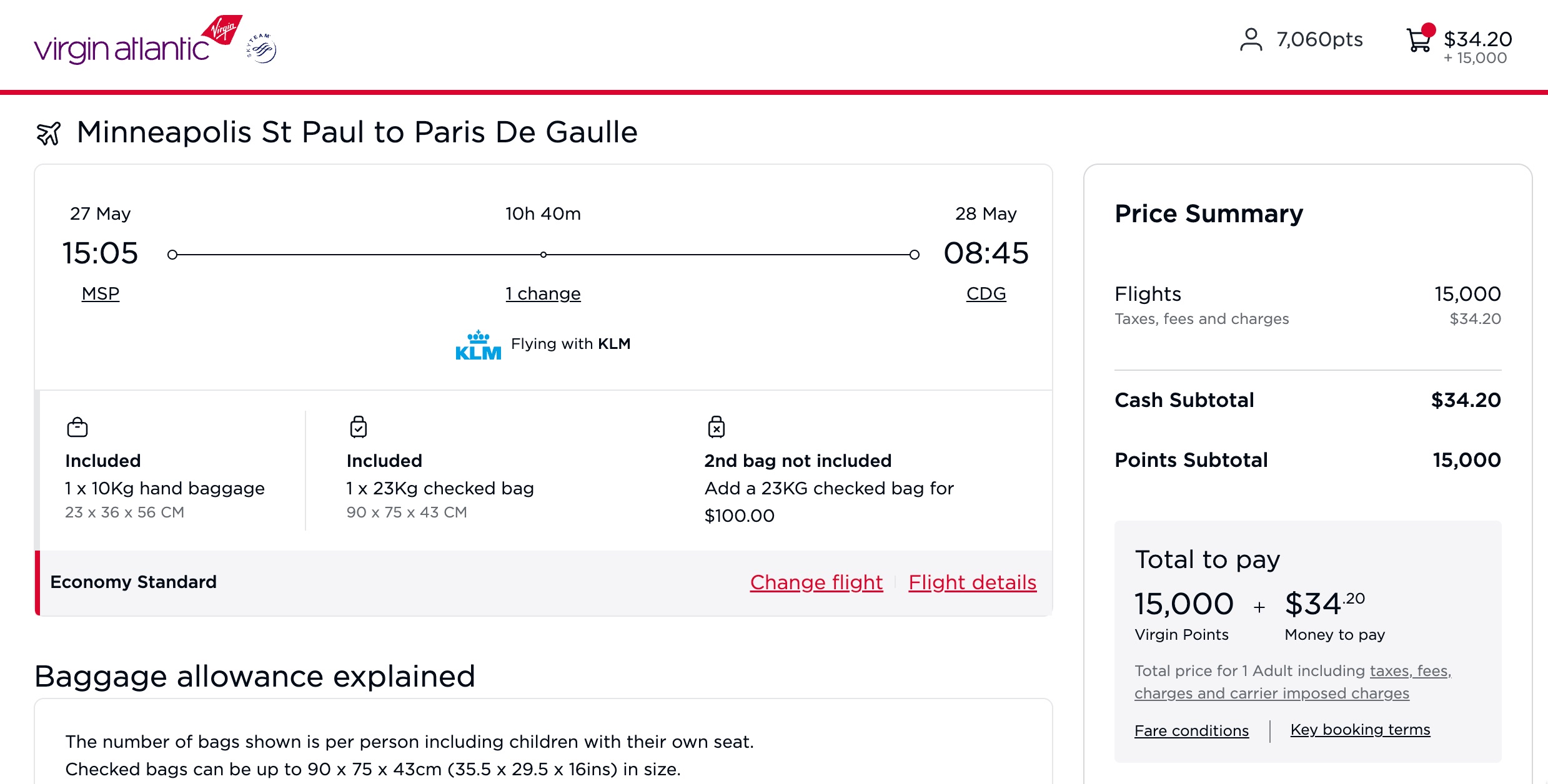 A flight from minneaplis st. paul to paris de gaulle on may 27th for 15,000 points and $34 in taxes and fees.
