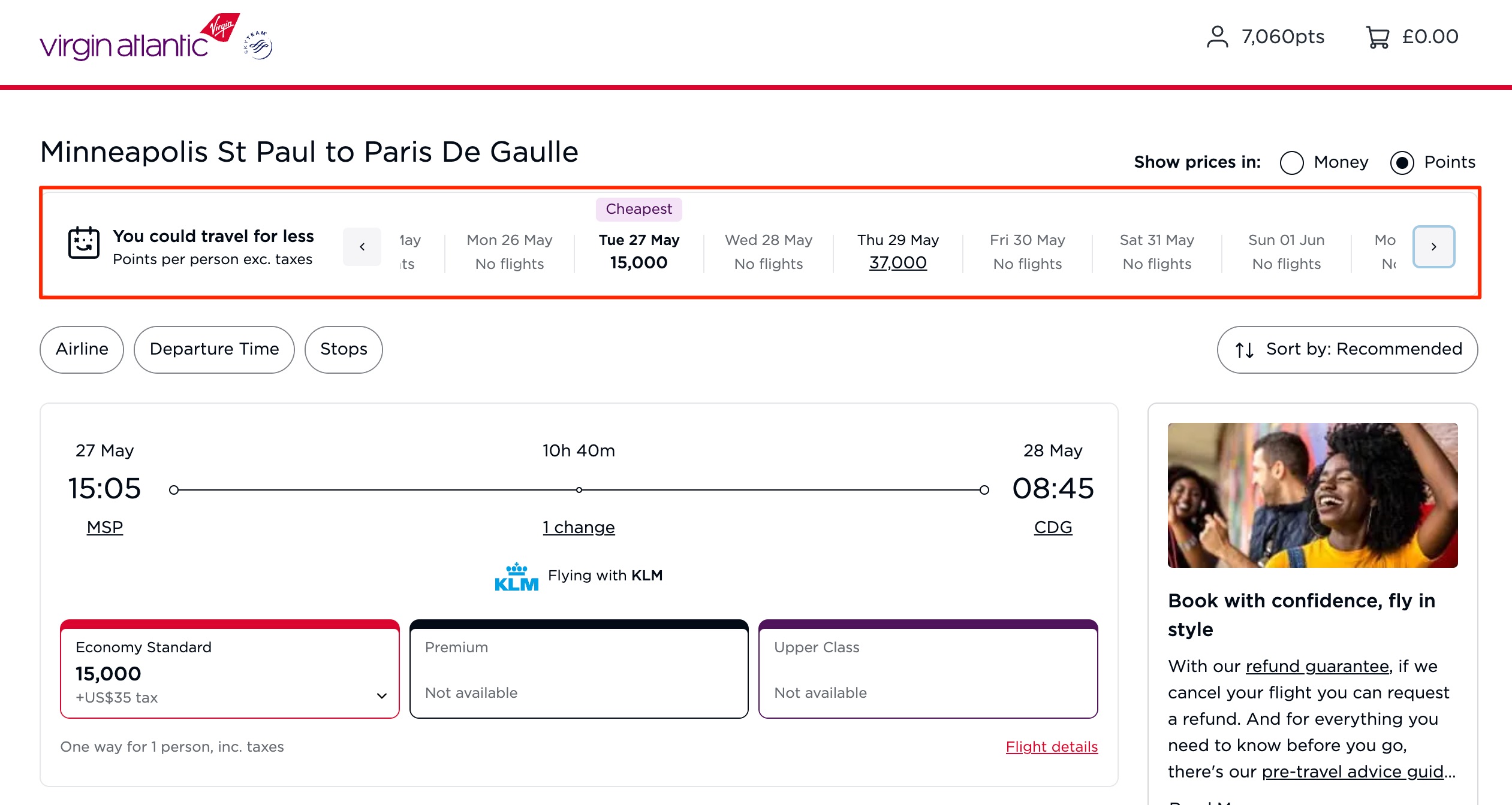 A search for flights from Minneapolis to St. Paul to Paris De Gaulle with a red box around the weeklong calendar of dates and prices. 