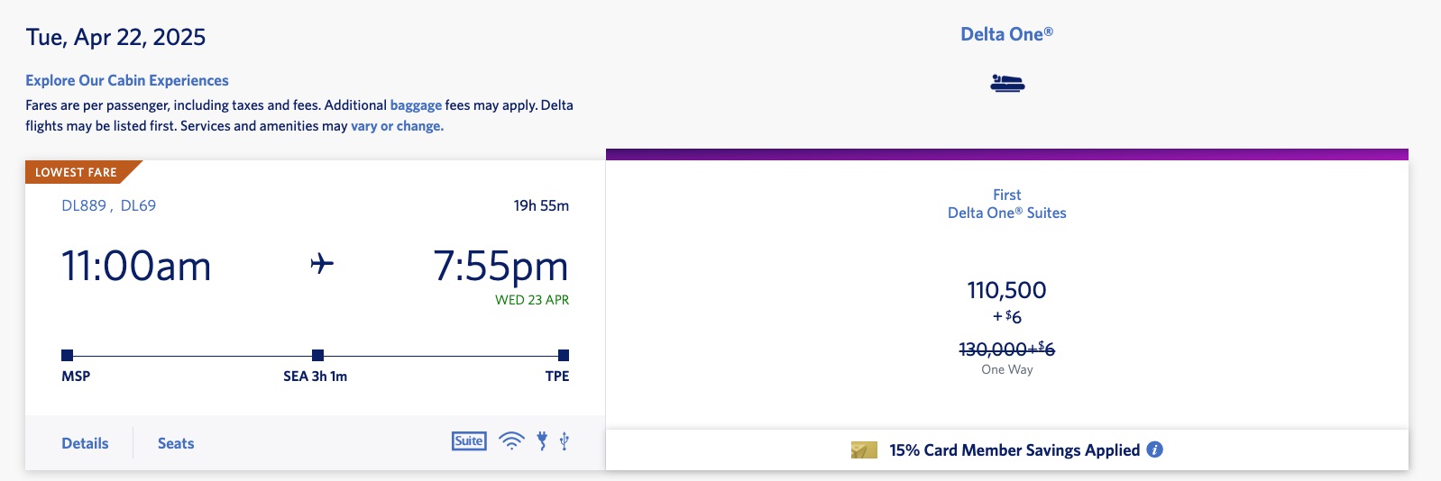 delta business class fare from minneapolis to taiwan for 110,000 skymiles