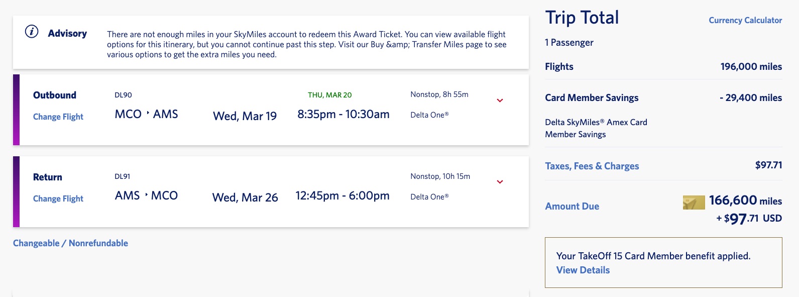 a delta flight from orlando to amsterdam in delta business class for 166,000 skymiles