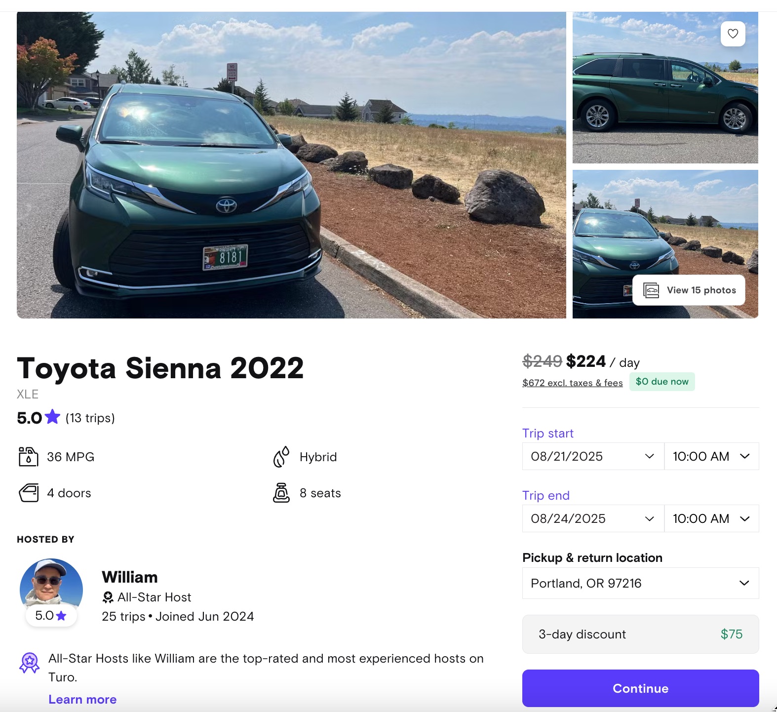Toyota sienna 2022 turo rental $224 per day