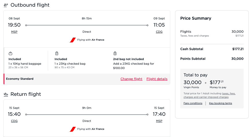 A roundtrip flight in September from Minneapolis to Paris for 30,000 Virgin points and $177 in taxes and fees 
