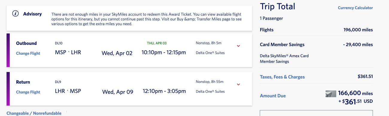 delta one deal from minneapolis to London for 166,600 SkyMiles and $361.51 roundtrip