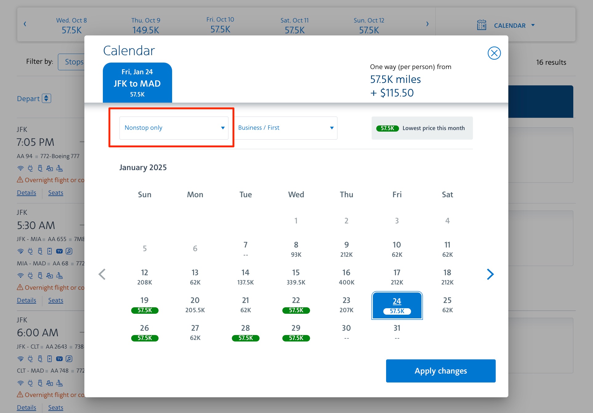American Airlines business class and first class flight search for 57,500 miles one-way