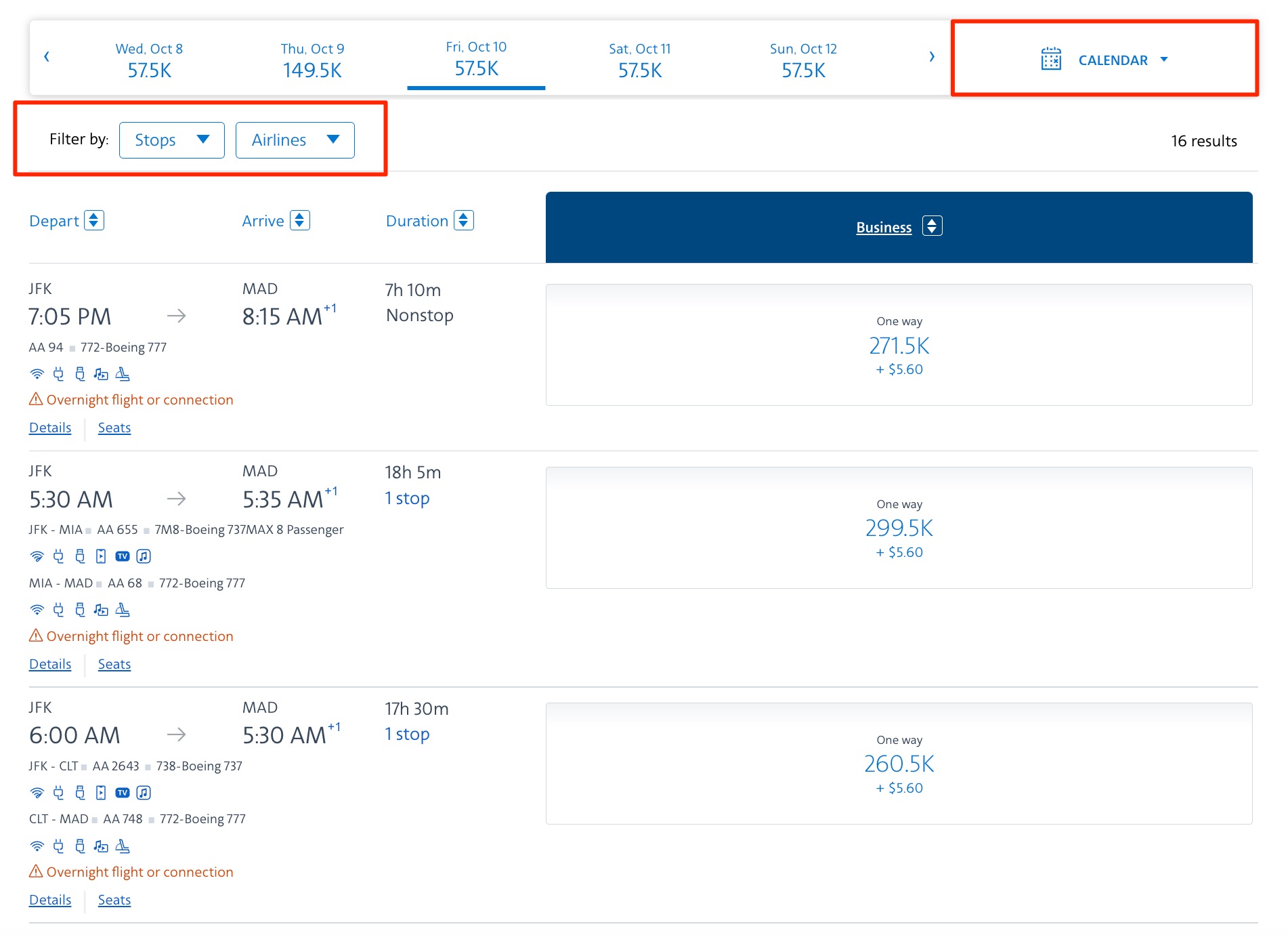 American Airlines search for business and first class flights from JFK-MAD