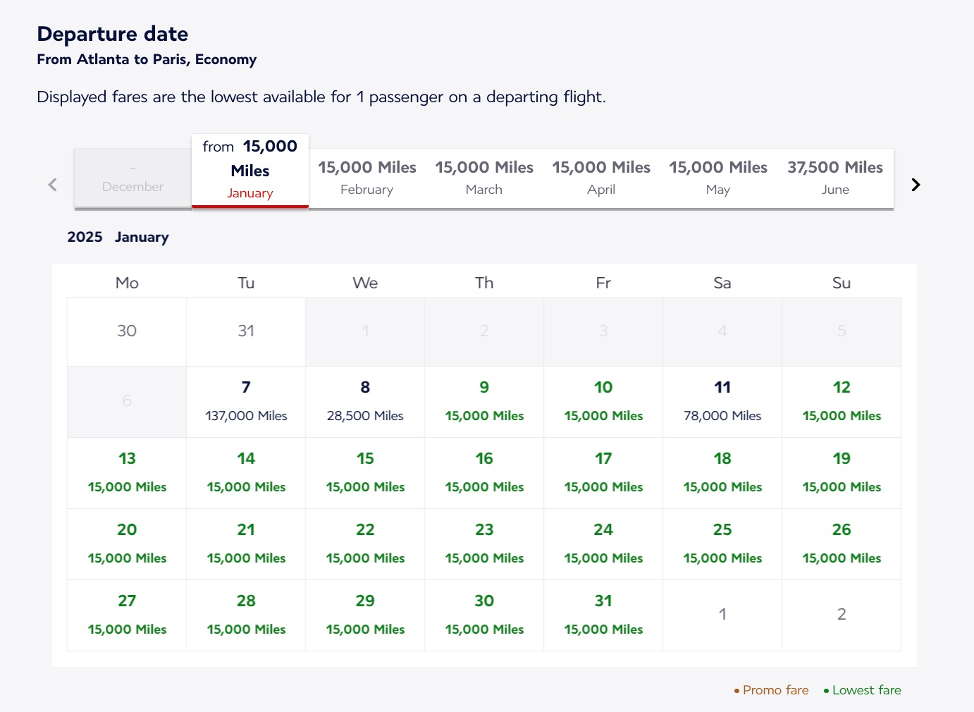 Calendar of dates with mileage rates for Atlanta to Paris flights 