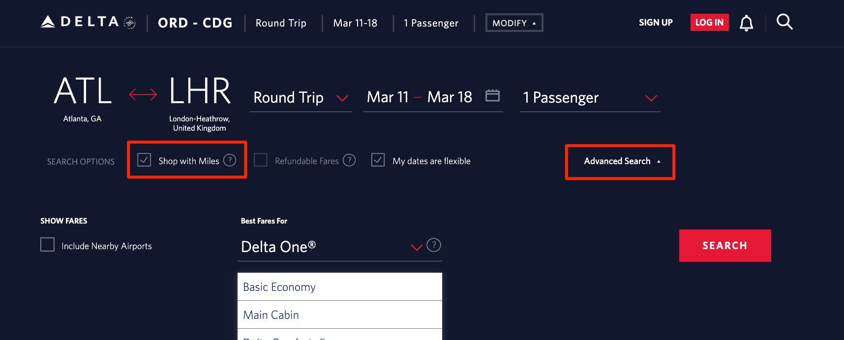 Search for Delta One flights from Atlanta to London roundtrip shopping with miles