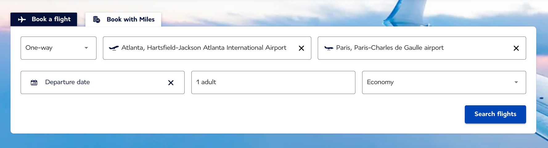 Air France book with miles one-way Atlanta to Paris 1 adult economy flight with no departure date