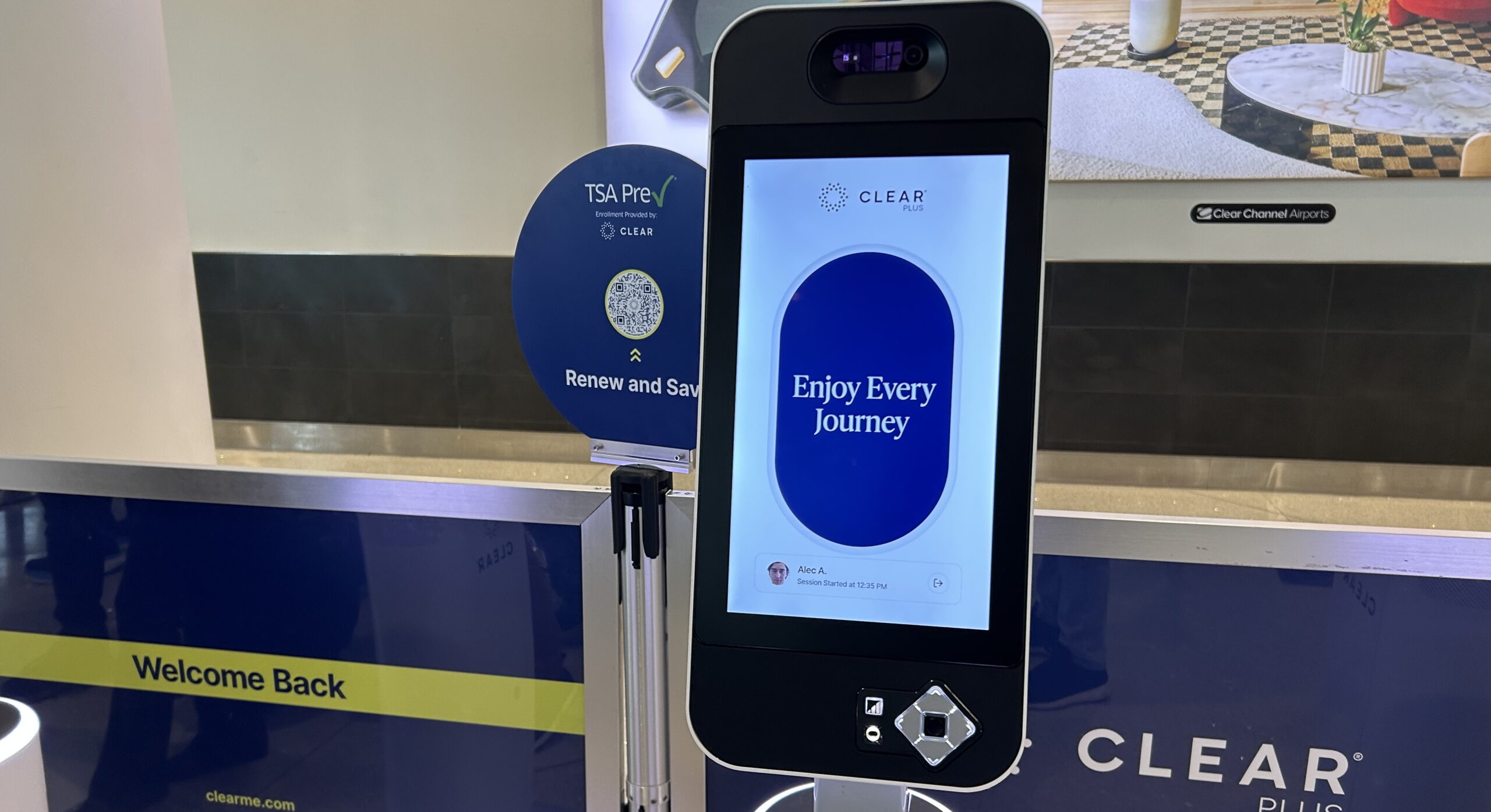 CLEAR Lane of the Future EnVe pod with a facial scanner at an airport security lane.