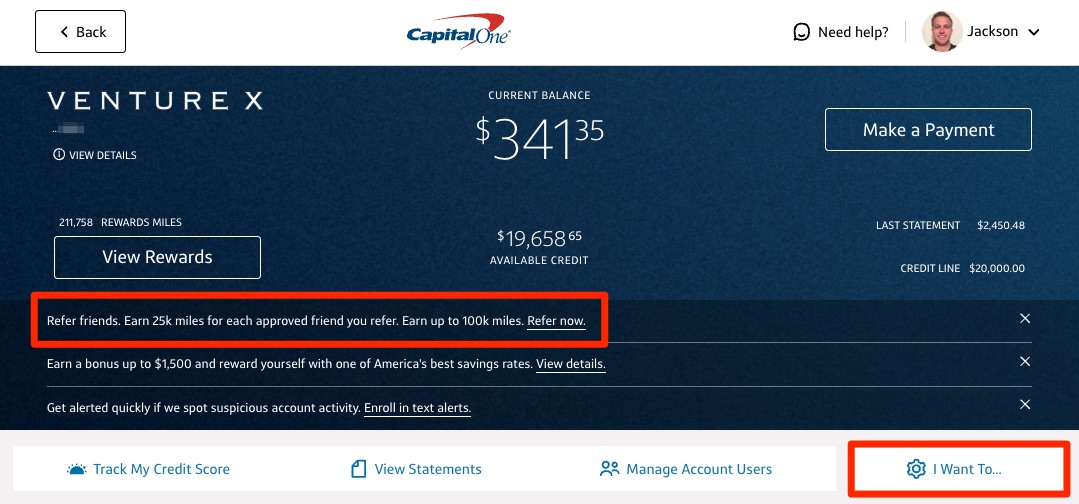 Capital One account log in with balance information and card details