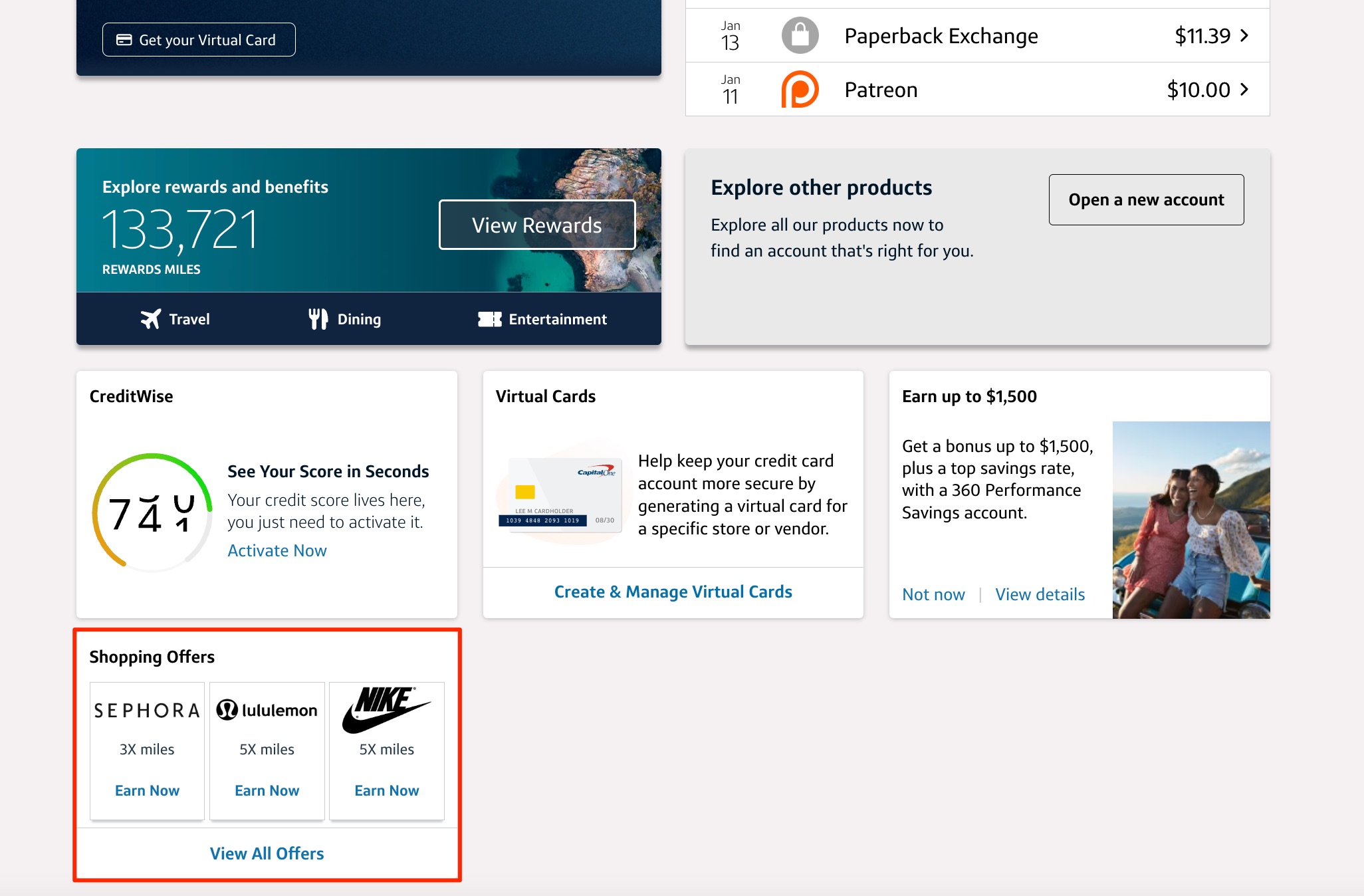 Capital One homepage showing where to find Capital One Offers