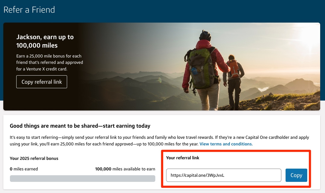 Screen showing how to generate a Capital One Venture X referral link and a tracker for how many points you've earned through referrals. 
