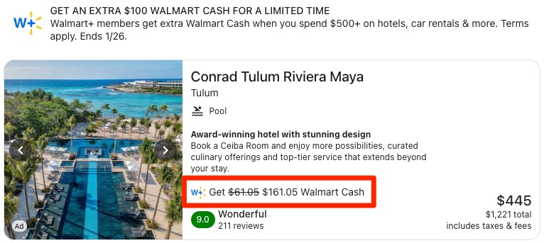 Conrad Tulum booking through Walmart+ Travel