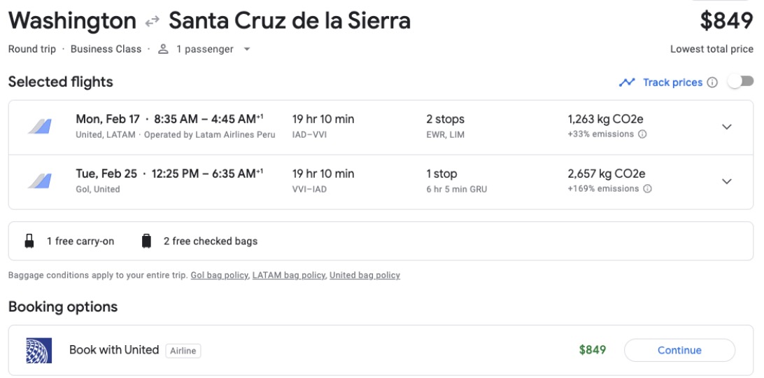 Washington, D.C. to Santa Cruz de la Sierra, Bolivia for $848 roundtrip in business class. 