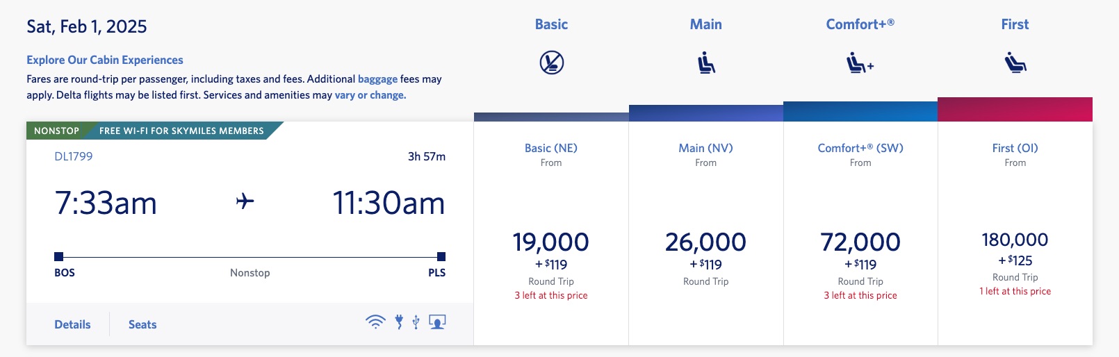 A roundtrip Boston to Providenciales flight on Saturday, February 1, 2025. 19,000 SkyMiles for basic economy, 26,000 for main cabin. 