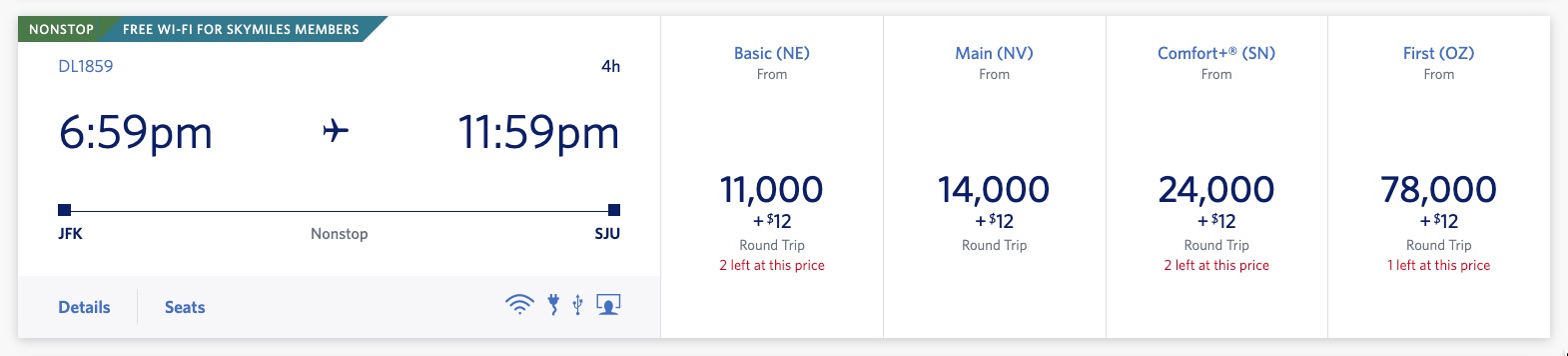 New York to San Juan flight for 11,000 SkyMiles in basic economy or 14,000 in main cabin