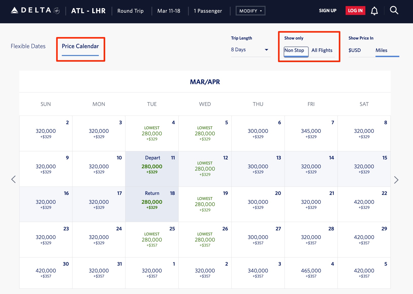 Price calendar for nonstop flights from Atlanta to London using SkyMiles 