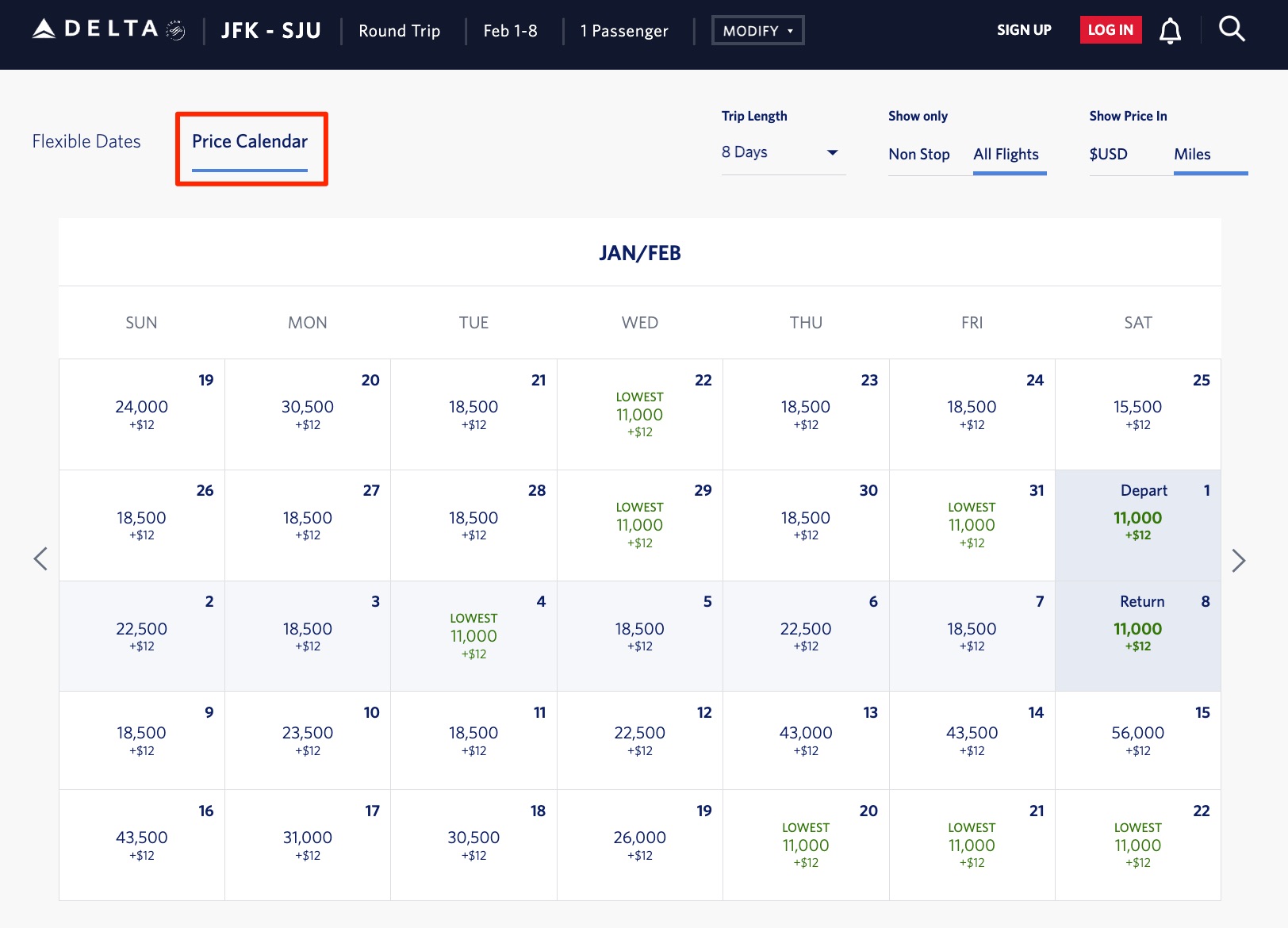price calendar of skymiles rates in January and February for roundtrip flights from New York to San Juan
