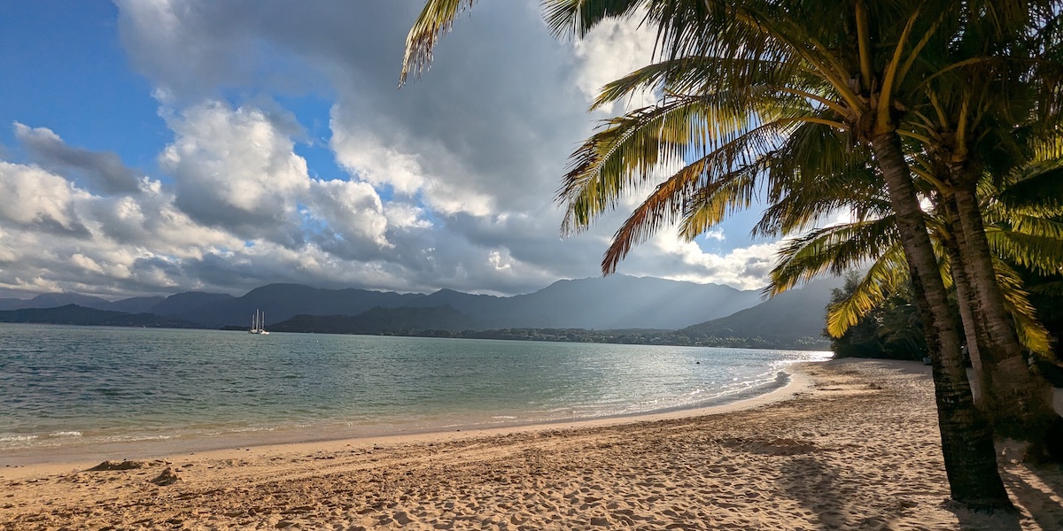 Kualoa Beach in Hawaii with palm trees and mountains in the background