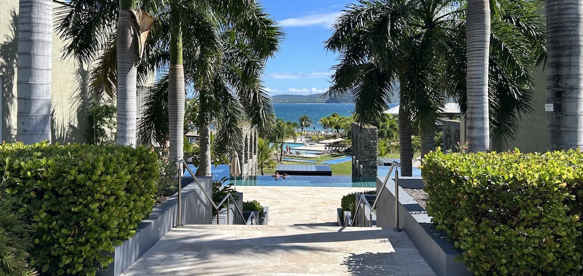 Park Hyatt St. Kitts pool and ocean with the island of Nevis in the background.