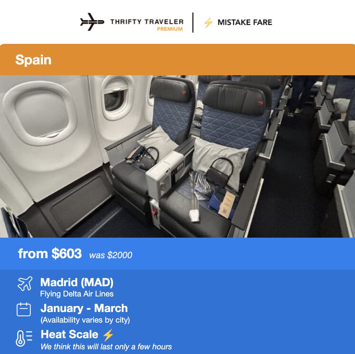 Thrifty Traveler Premium mistake fare to Madrid, Spain. Delta Air Lines Premium Select from $603. Was $2,000. 