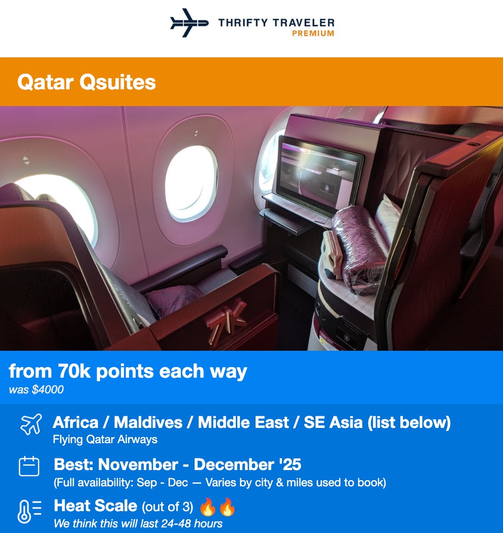 Thrifty Traveler Premium Qatar Qsuites flight deal from 70,000 points each way to Africa, the Maldives, Middle East, and Southeast Asia. 