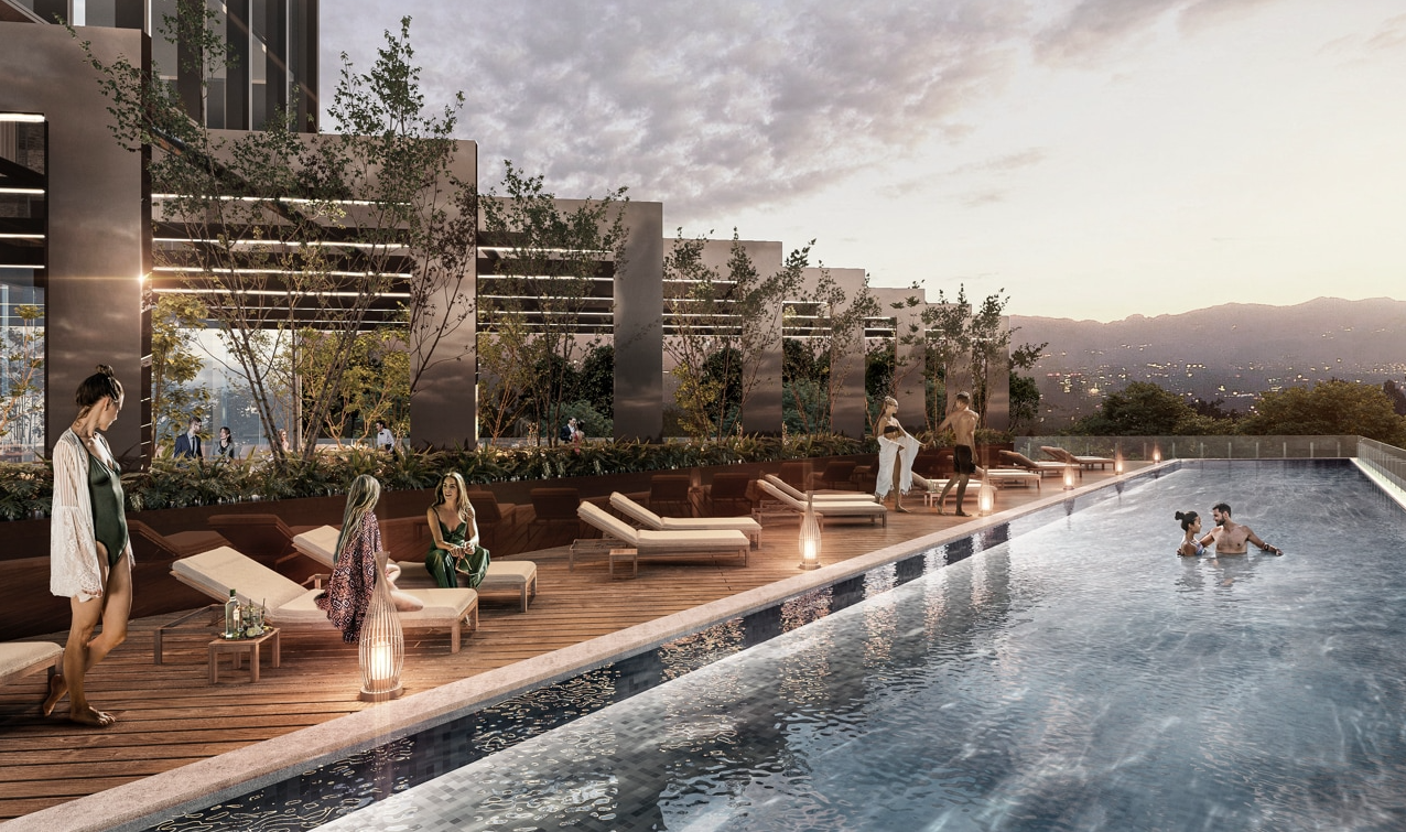 a rendering of the rooftop pool at the park hyatt hotel in mexico city. there is a long rectangular pool with lounge chairs on the deck and hotel guests standing on the deck and in the pool swimming. 