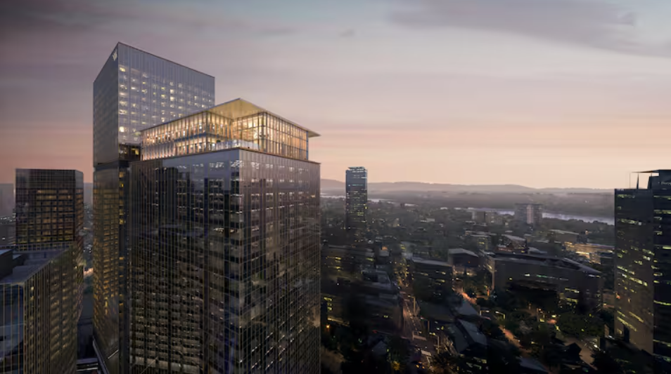 A rendering of the Waldorf Astoria Osaka with the Tokyo skyline in the background. 