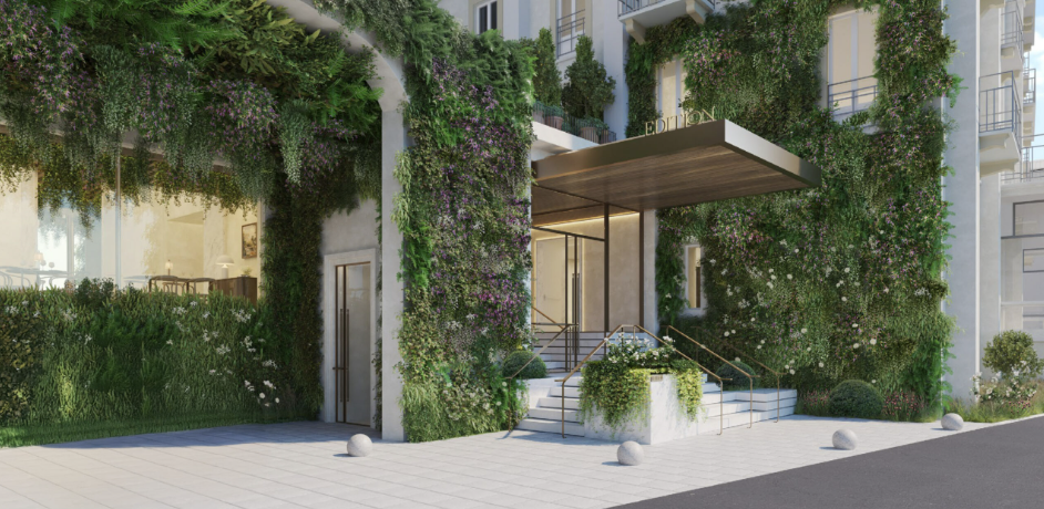 A rendering of the Lake Como EDITION entrance with vines and other greenery climbing up the walls of the hotel. 
