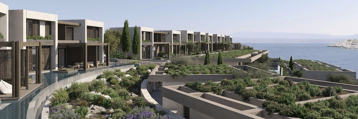 a row of hotel rooms that open into a pool on a cliff above the ocean. 