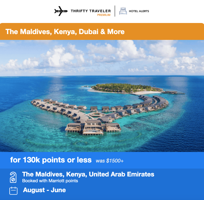 Maldives and Dubai Hotel Alerts deal email with an aerial property image of the St. Regis Maldives Vommuli Resort