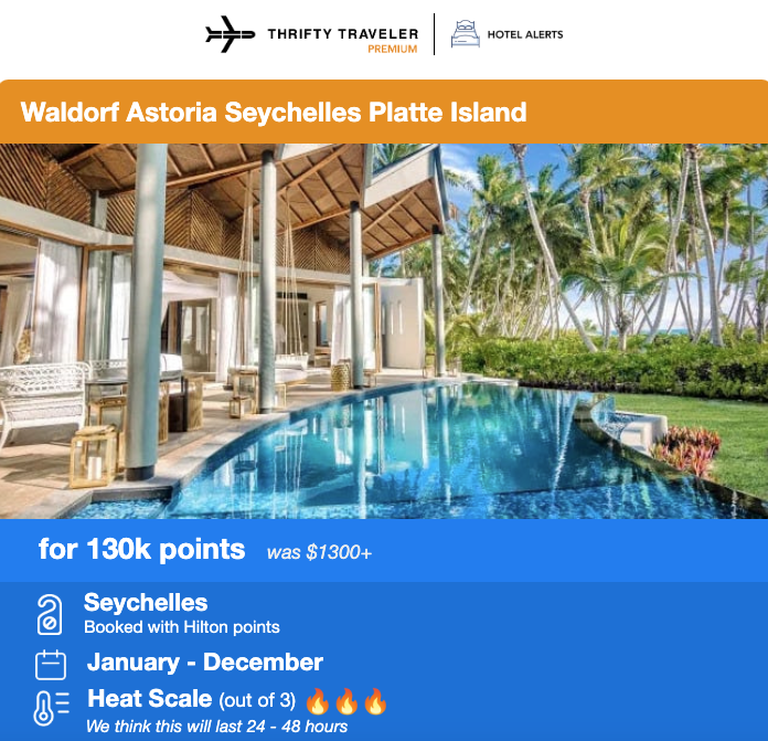  Waldorf Astoria Seychelles Platte Island Hotel Alert. For 130,000 points per night. Was $1,3000 or more per night. Booked with Hilton points. 