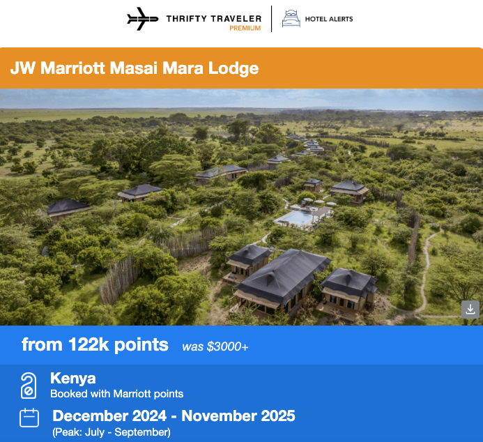 Thrifty Traveler Premium hotel alert for the JW Marriott Masai Mara Lodge from 122,000 points per night. Was $3,000 or more. 