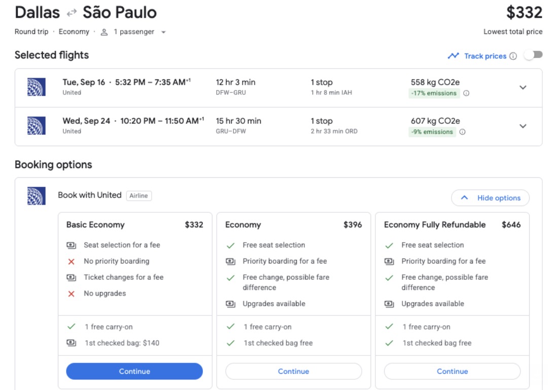 Dallas to Sao Paulo on United for $332 roundtrip in economy 