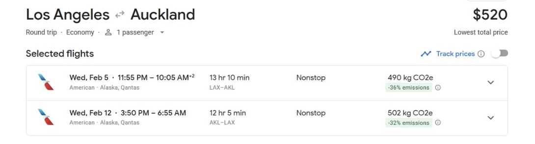 Los Angeles to Auckland for $520 roundtrip on American airlines 
