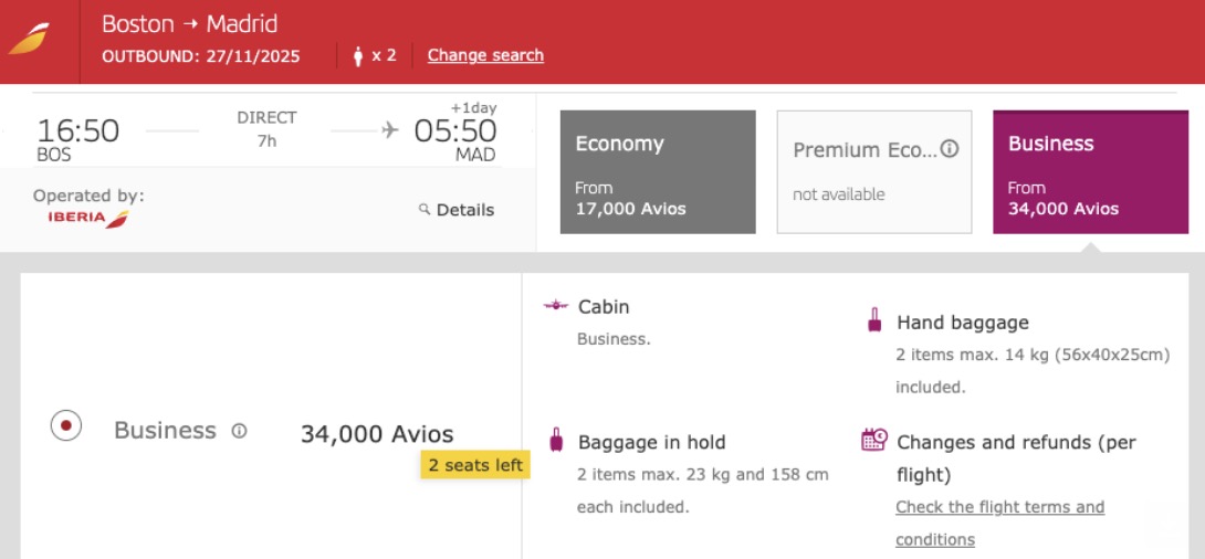 Iberia business class airfare from Boston to Madrid for 34,000 points each way. 