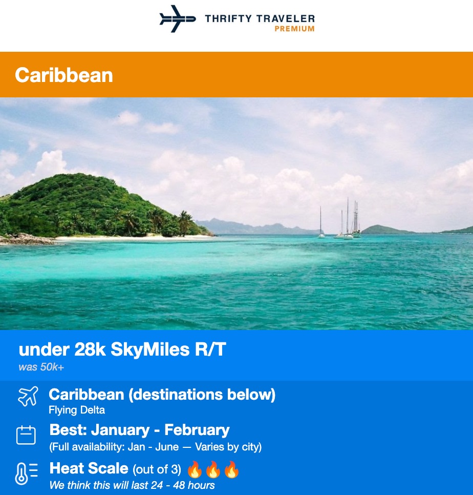 Thrifty Traveler Premium flight deal to the Caribbean under 28,000 SkyMiles roundtrip