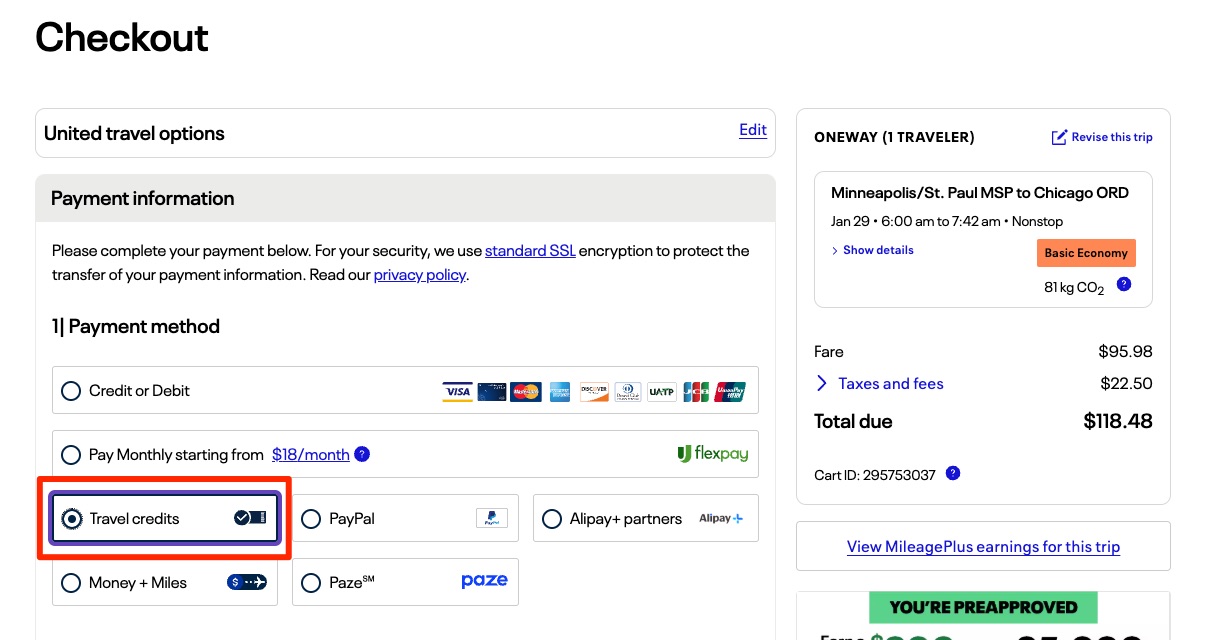 Checkout page for a United flight from Minneapolis-St. Paul to Chicago with travel credits applied